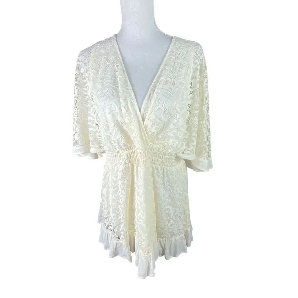 Torrid Womens Beige Stretch Lace Surplice Dolman Sleeve Blouse Top Size 1